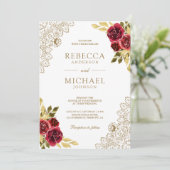 Invitation Rouge Marron Floral Dentelle Blanc Code QR Mariage (Debout devant)