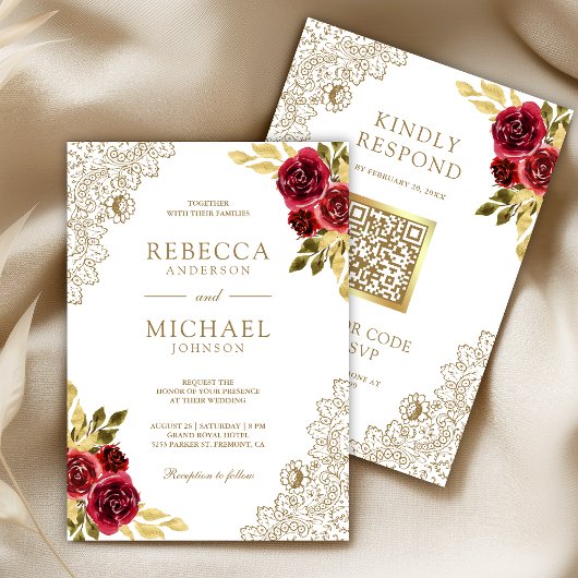 Invitation Rouge Marron Floral Dentelle Blanc Code QR Mariage