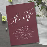 Invitation Rouge marron foncé | Bourgogne moderne 30e anniver<br><div class="desc">Invitations modernes de 30e anniversaire avec un design simple,  texte seulement. Police calligraphique sur un arrière - plan rouge foncé.</div>