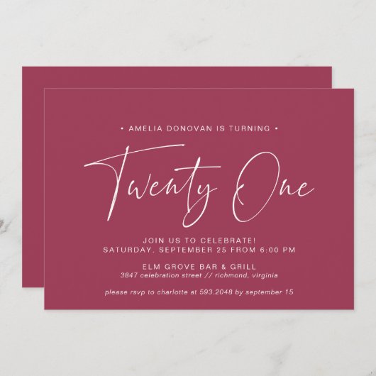 Invitation Rouge marron | Typographie simple 21e anniversaire (Devant / Derrière)