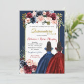 Invitation Rouge Marsala Marine Bleu Floral Twins Quinceañera (Debout devant)