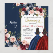 Invitation Rouge Marsala Marine Bleu Floral Twins Quinceañera (Devant / Derrière)
