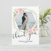 Invitation Rouge Merci Mariage Floral Or Feuille Géométrique (Debout devant)