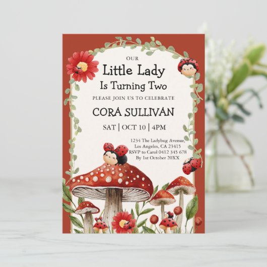 Invitation Rouge mignon Notre Petite Fille Ladybug Anniversai (Debout devant)