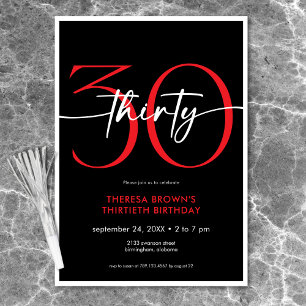 Invitation Rouge minimaliste moderne 30 Script Anniversaire