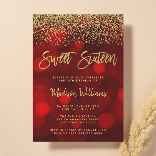 Invitation Rouge moderne Bokeh Gold Parties scintillant Sweet