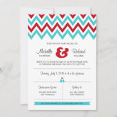 Invitation Rouge moderne et Aqua Chevron & Lovebirds Mariage (Devant)