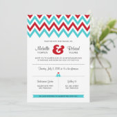 Invitation Rouge moderne et Aqua Chevron & Lovebirds Mariage (Debout devant)