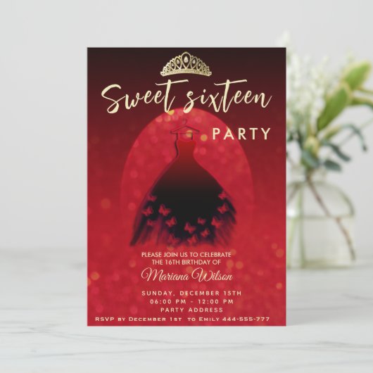 Invitation Rouge moderne projecteur bokeh papillon robe tiara (Debout devant)