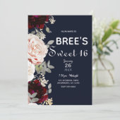 Invitation Rouge Navy Rose Pâle et Fleurs de Bourgogne Douce  (Debout devant)