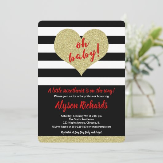 Invitation Rouge noir blanc baby shower de la fête des Valent (Debout devant)