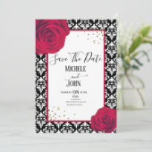 Invitation Rouge noir & blanc damask enregistrer la date (Debout devant)