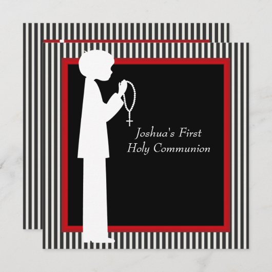 Invitation Rouge Noir Blanc Stripe Rosaire Garçons Première C (Devant / Derrière)