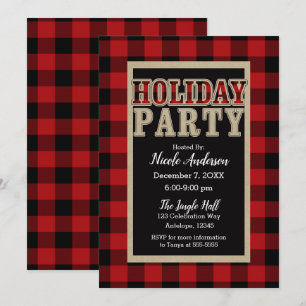 Invitation Rouge Noir Buffalo Carreaux Fête Rustique de Fêtes