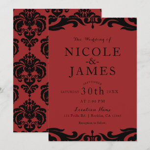 Invitation Rouge & Noir Damas Chic Élégant Mariage Minimalist