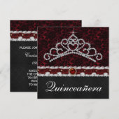 Invitation Rouge Noir Damas Tiara Rouge Noir Quinceanera (Devant / Derrière)