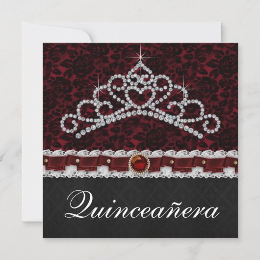 Invitation Rouge Noir Damas Tiara Rouge Noir Quinceanera (Devant)