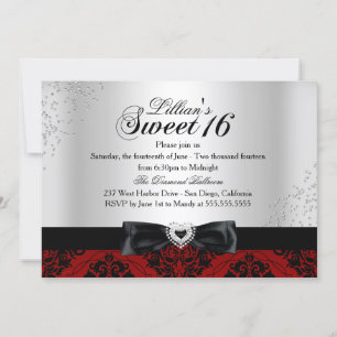 Invitation Rouge Noir Damassé Étincelle Sweet 16
