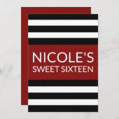Invitation Rouge Noir et blanc rayé Sweet 16 Anniversaire (Devant / Derrière)