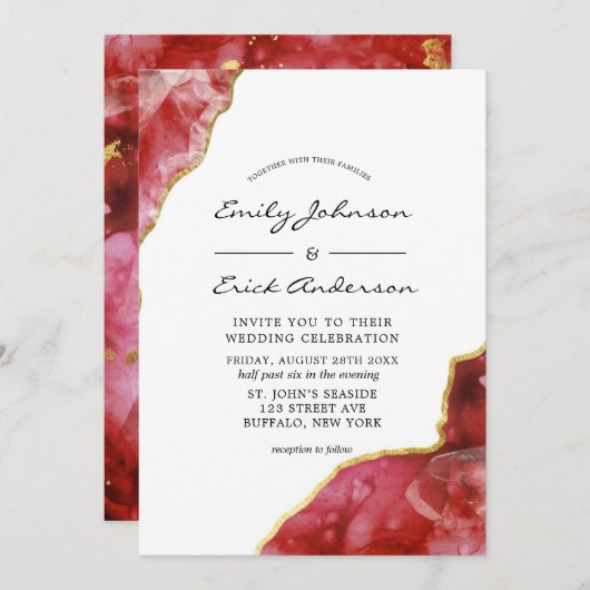 Invitation Rouge noir et or cristaux Agate Mariage Invitati (Devant / Derrière)