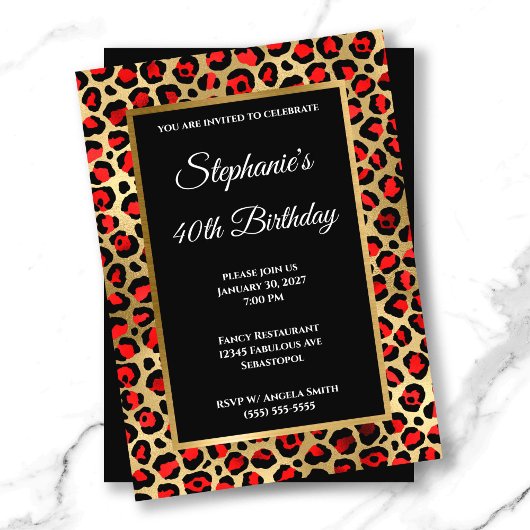 Invitation Rouge Noir et Or Léopard Glam 40e Anniversaire