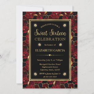 Invitation Rouge Noir et Or Marbre Floral Seize Ans Douce Fêt