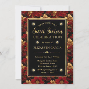 Invitation Rouge Noir et Or Marbre Floral Sweet Sixteen