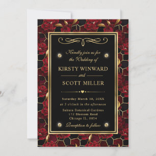 Invitation Rouge Noir et Or Mariage Floral de Marbre