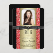 Invitation Rouge Noir et or Parties scintillant Sweet 16 Part (Devant / Derrière)