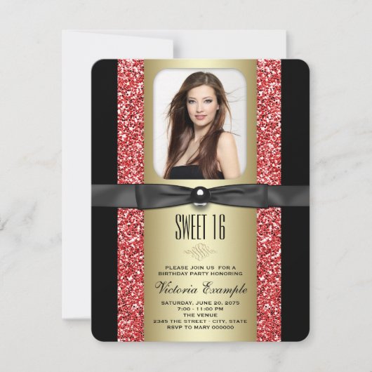 Invitation Rouge Noir et or Parties scintillant Sweet 16 Part (Devant)