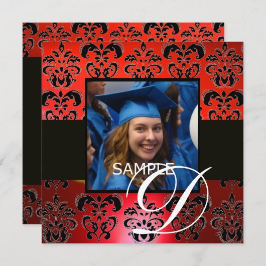 Invitation ROUGE NOIR GRADUATION DAMAS MONOGRAMME blanc (Devant / Derrière)