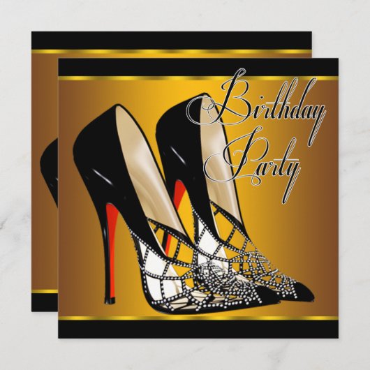 Invitation Rouge Noir Jaune Or Haut talons fête d'anniversair (Devant / Derrière)