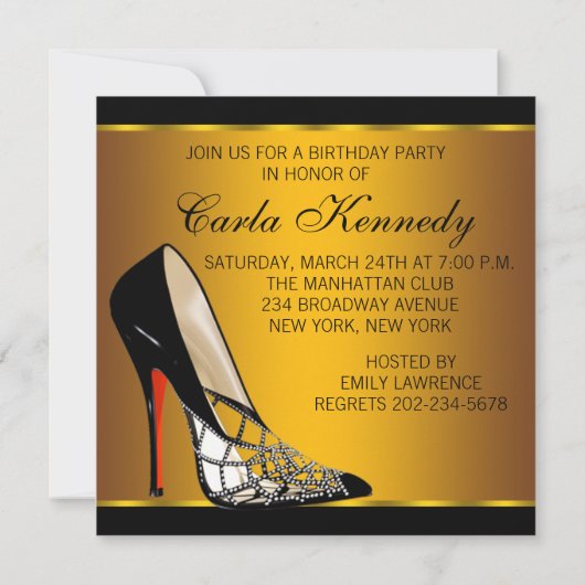 Invitation Rouge Noir Jaune Or Haut talons fête d'anniversair (Dos)