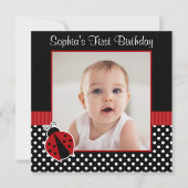 Invitation Rouge noir Ladybug Polka Dot 1er Anniversaire Phot (Devant)