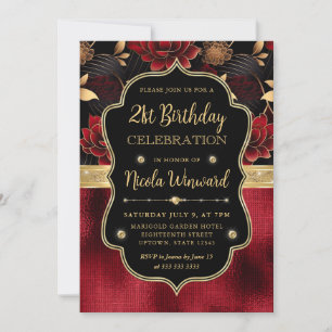 Invitation Rouge Noir & Or Floral Marble 21e Anniversaire