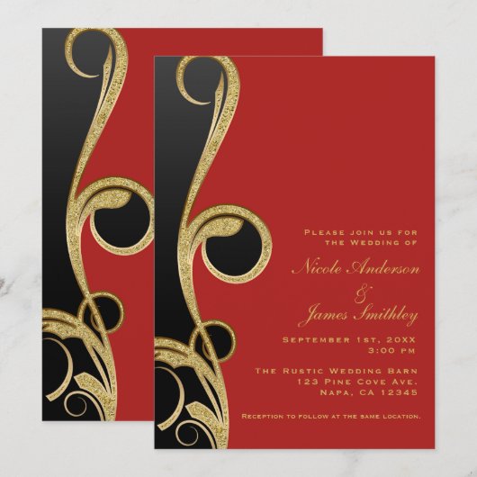 Invitation Rouge Noir & Or Moderne Élégant Tourbillon Mariage (Devant / Derrière)