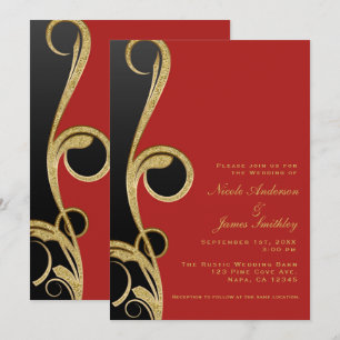 Invitation Rouge Noir & Or Moderne Élégant Tourbillon Mariage