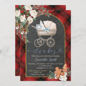 Invitation Rouge Noir Plaid Baby Transporter Douche Noël (Devant / Derrière)