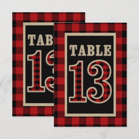 Invitation Rouge & Noir Plaid Buffalo Table Rustique Numéro 1 (Devant / Derrière)