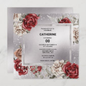 Invitation Rouge noir rose floral argent chic n'importe quel  (Devant / Derrière)
