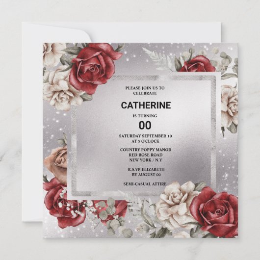 Invitation Rouge noir rose floral argent chic n'importe quel  (Devant)