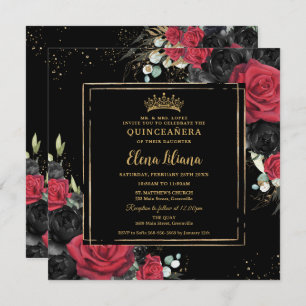 Invitation Rouge Noir Rose Floral Or Quinceanera Sweet 16
