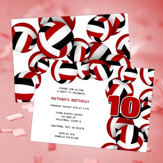 Invitation rouge noir volleballs garçons filles fête d'annive
