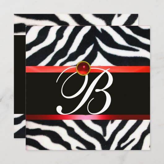 Invitation ROUGE NOIR ZEBRA FUR MONOGRAM, pierre de rubis (Devant / Derrière)