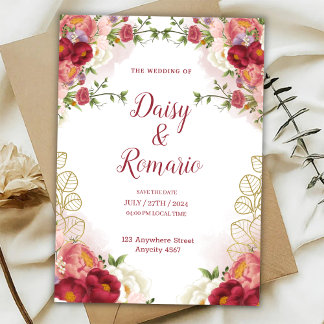 Invitation Rouge Or Aquarelle Floral Enregistrer La Date 