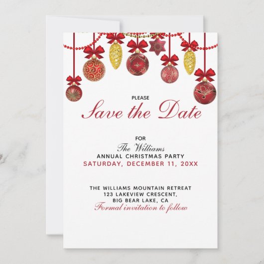 Invitation ROUGE OR BAUBLES Fête de Noël Enregistrer la date (Devant)
