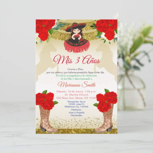 Invitation Rouge or Charro Mes 3 Ans 3ème Anniversaire Mexica (Debout devant)