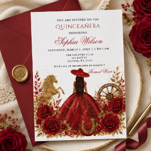 Invitation Rouge Or Cheval Occidental Floral Charra Quinceañe