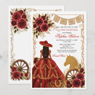 Invitation Rouge Or Cheval Occidental Floral Charra Quinceañe
