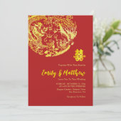 Invitation Rouge or Chinees Dragon et Phoenix logo mariage (Debout devant)